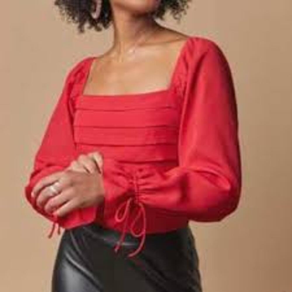 Audrey Parks x Francesca’s Medium Square Neck Crop Top Blouse Red Tie Sleeves